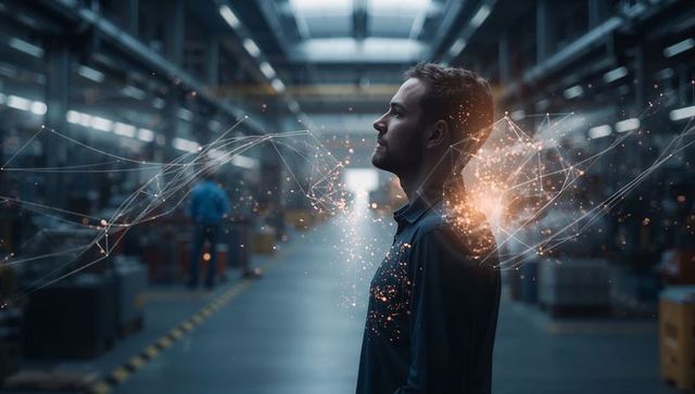 Engineer surveying smart warehouse, glowing network overlay representing industrial iot