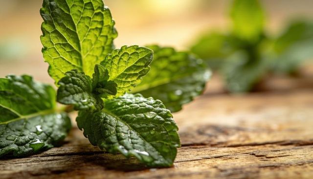 Resting mint sprig showing water droplets on serrated leaves over rustic wood