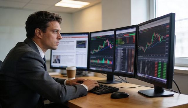 Financial analyst monitoring live stock charts on triple monitors, desk trading workspace