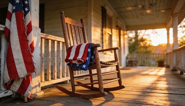 Rocking chair draping american flag blanket on rustic porch at golden hour
