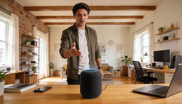 Young man commanding smart speaker on home office desk with laptop in open-plan living