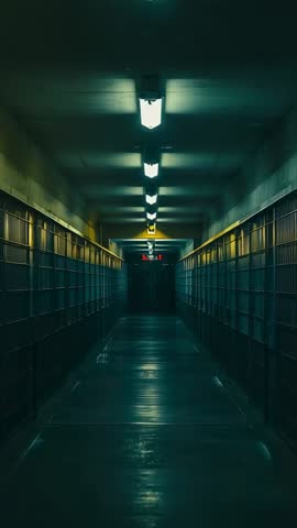Advancing Down Prison Corridor with Fluorescent Lights and Exit Sign Vertical Video