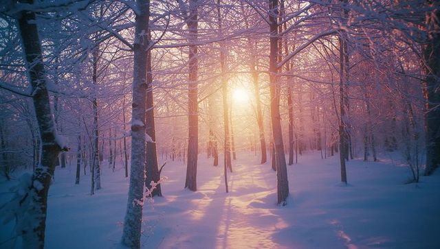 Sunbeam Through Snowy Winter Forest with Pastel Colors