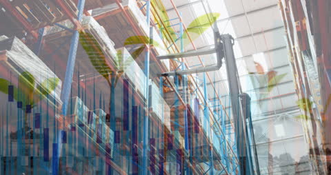 Warehouse with Digital Graphs Overlaying Future Trends