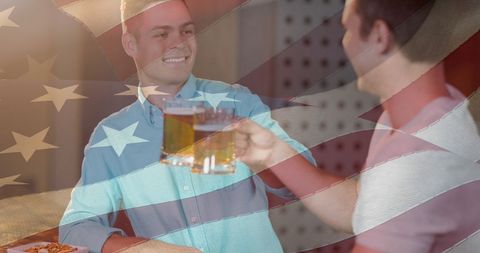 Happy Friends Celebrating with Beers and American Flag Pride