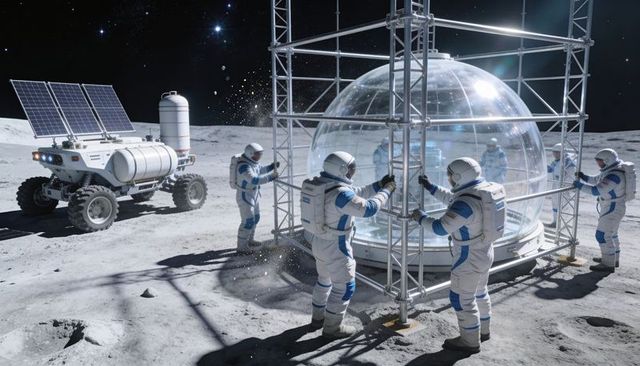 Astronauts assembling lunar dome habitat, securing scaffold around hemispherical module