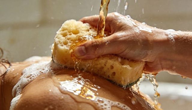 Caregiver washing bare shoulder using sponge and warm water closeup for personal care