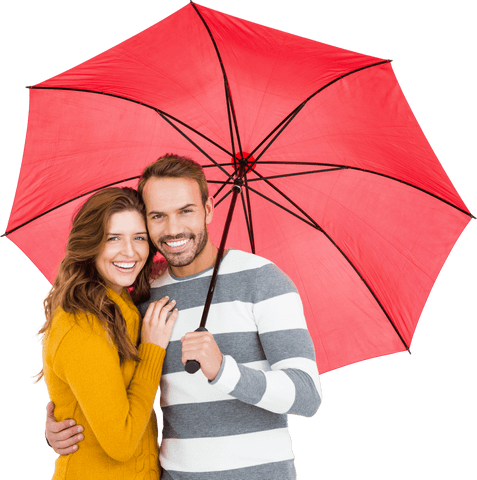 Happy couple embracing under red transparent umbrella