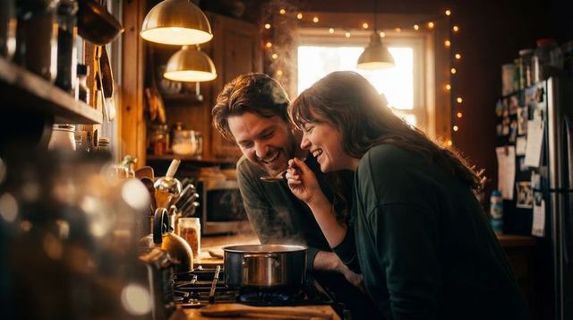 Couple cooking together in cozy rustic kitchen tasting steaming soup and laughing warmly