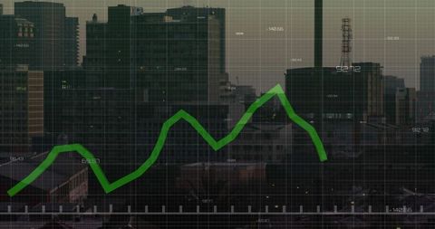 Green Financial Trend Line Overlaying Desaturated City Skyline with Grid Data Visualization