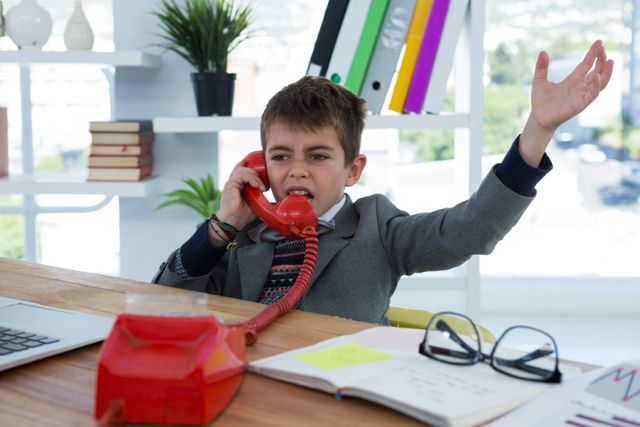 Young boy dressed as a business executive talking on a red phone in an office setting. He is wearing a suit and appears serious, with one hand raised as if making a point. The desk is cluttered with documents, glasses, and office supplies. This image can be used for concepts related to childhood dreams, role-playing, business training, or corporate environments.