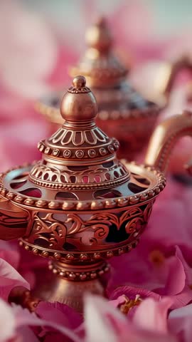 Rotating Ornate Brass Lamp Revealing Pink Rose Petals | Vertical Loopable Luxury Bokeh