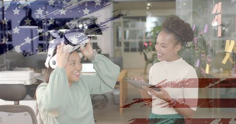 Innovative Teamwork with Virtual Reality and American Flag Overlay