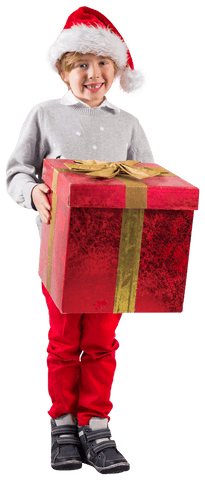 Cute Boy in Santa Hat Holding Large Gift on Transparent Background