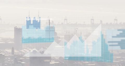 Digital Data Hovers Over Lively Port Skyline Blur