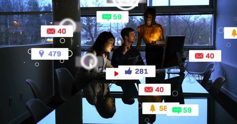 Marketing team collaborating over analytics with social media engagement badges