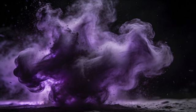 Backlit violet powder cloud rising over sandy ground, swirling dust plume and particles