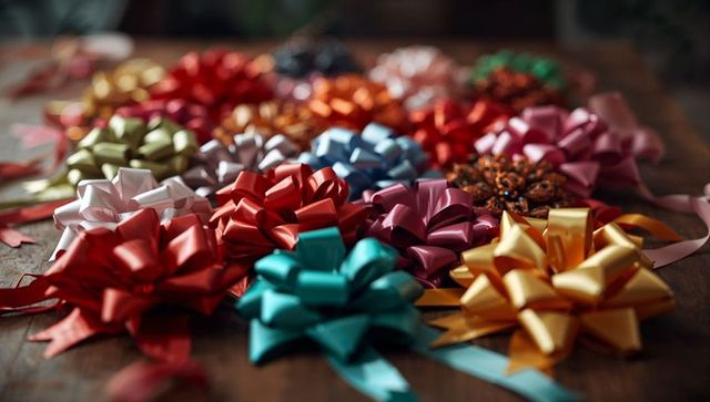 Vibrant Ribbon Bows with Colorful Textures at Gift Wrapping Station