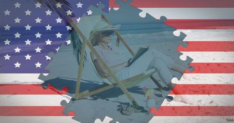 Senior Woman Enjoying Leisure Reading at Beach with Patriotic Theme