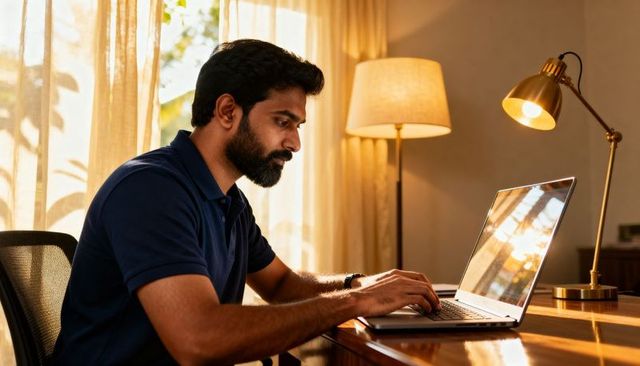 Bearded man working on laptop in warm home office with wooden desk, brass lamp, daylight