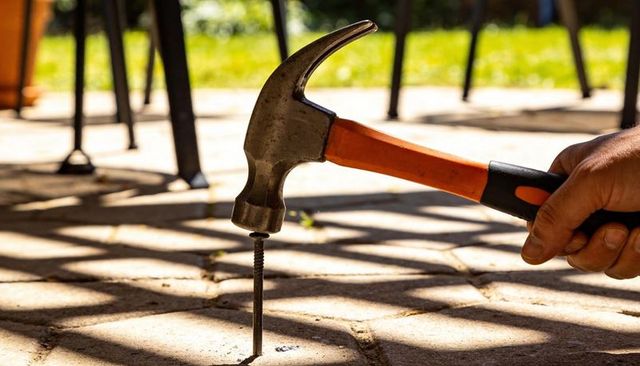 Hand hammering screw into patio paver closeup claw hammer driving outdoor diy repair