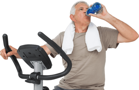senior man drinking water on exercise bike transparent background - Download Free Stock Videos Pikwizard.com