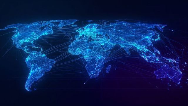 Glowing Neon World Map Showing Global Network Connections, Nodes and Data Flow