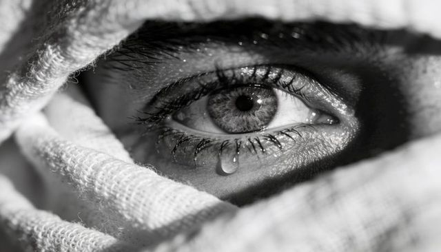 Close-up eye with tear peeking through woven scarf monochrome emotional portrait