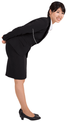 Smiling Asian Businesswoman Bending Forward on Transparent Background