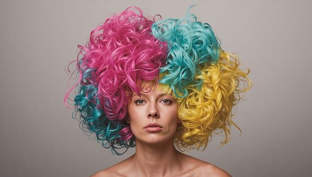 Wearing tri-color voluminous curly wig bold pink teal yellow high-fashion headshot