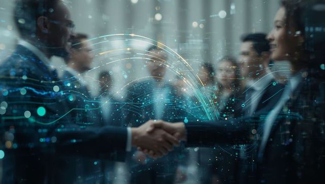 Business collaboration with futuristic technology overlay