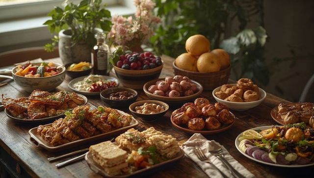 Rustic sunlit brunch feast on wood table with platters of pastries, fresh fruit and salads