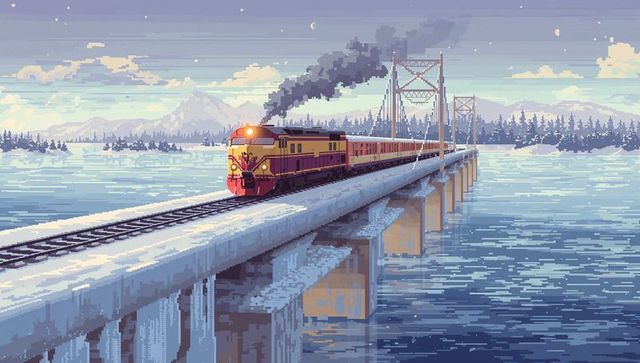 Pixel art train crossing frozen lake at twilight on bridge, diesel locomotive pulling cars