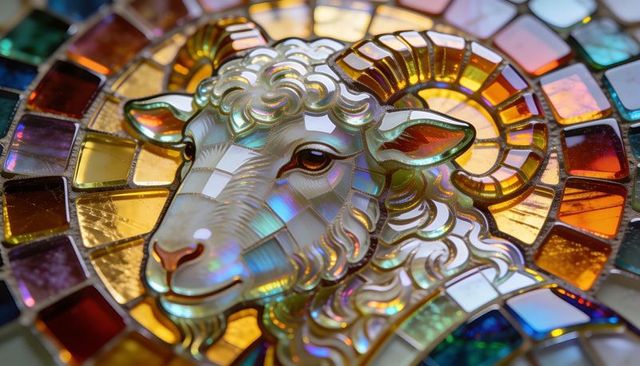 Iridescent mosaic ram medallion with stained glass halo and opalescent tesserae