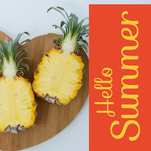 Colorful summer-themed design with halved fresh pineapple on heart-shaped cutting board next to 'Hello Summer' text. Perfect for seasonal banners, social media posts, summer party invites, or cooking blog content.