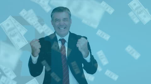 Joyful Businessman Celebrating with Floating Dollar Bills