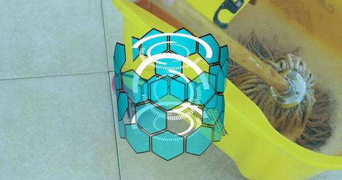 Mop with Yellow Bucket and Futuristic Hexagon Overlay on Tiles