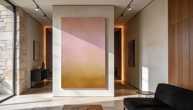 Displaying oversized pink-to-amber gradient painting on partition gallery wall in modern entry