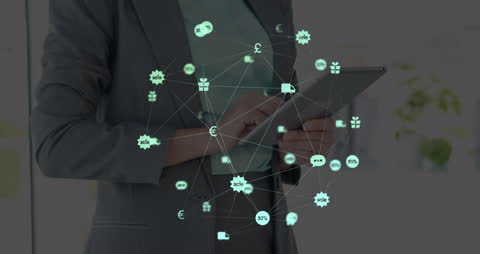 Businesswoman Using Tablet with Floating Digital Icons Technology Concept