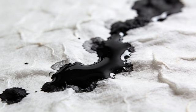 Glossy black liquid soaking into textured paper towel macro with fiber detail and reflections