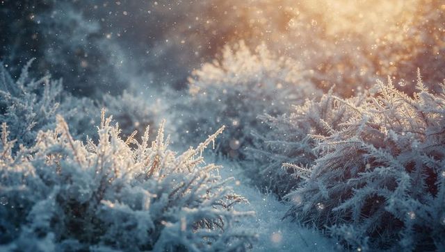 Frost-Covered Shrubs at Dawn with Ice Crystals Sparkling