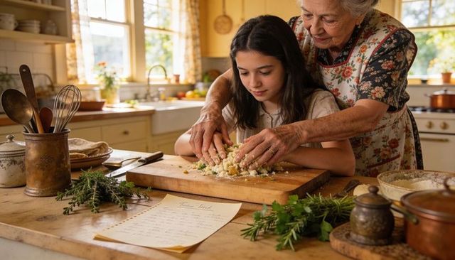 Grandmother teaching granddaughter kneading dough in sunlit rustic farmhouse kitchen