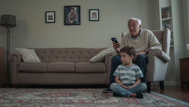 Senior grandfather using smartphone while grandson sitting on rug in cozy living room