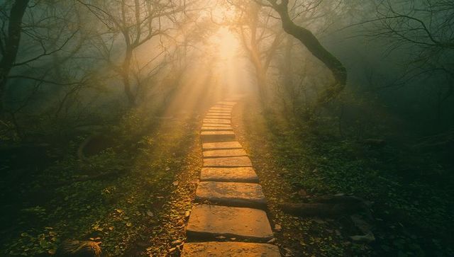 Sunlit Stone Path Lending Enchantment to a Misty Forest