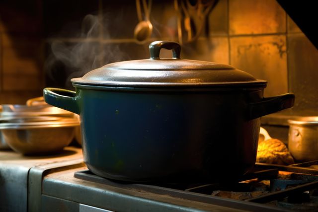 A steaming pot sits on a stove in a home kitchen. Warm lighting accentuates a cozy cooking atmosphere, suggesting a meal preparation.