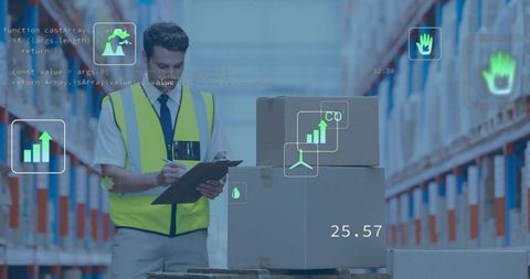 Warehouse worker scanning cartons with AR analytics for inventory and logistics management