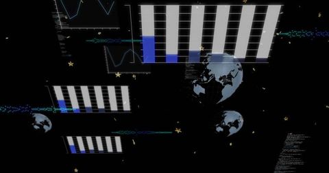 Displaying futuristic data visualization with floating bar charts and globe graphics