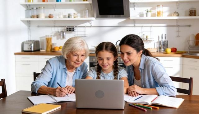 Three-generation family studying together at kitchen table with laptop and notebooks