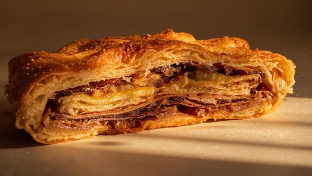 Golden laminated pastry slice revealing flaky layers with caramel chocolate filling