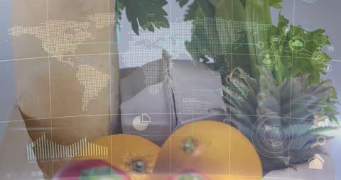 Augmented HUD Showing Global Supply Data Overlaying Fresh Citrus and Pineapple on Tabletop